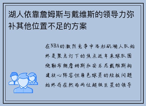 湖人依靠詹姆斯与戴维斯的领导力弥补其他位置不足的方案