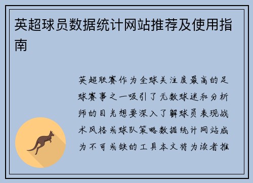 英超球员数据统计网站推荐及使用指南